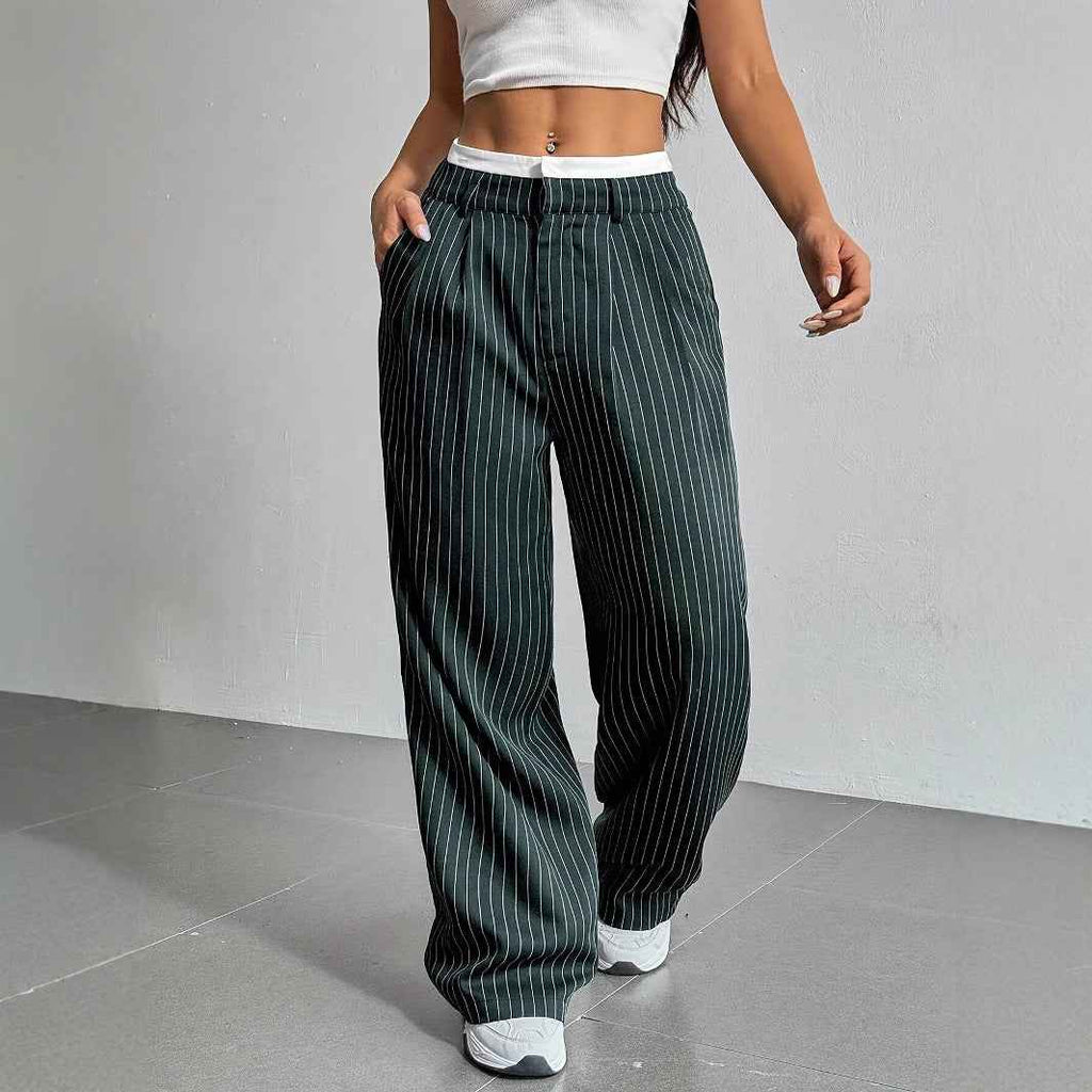 Autumn Winter Casual High Waist Stitching Work Pant Simple Loose Drooping Straight Leg Pants
