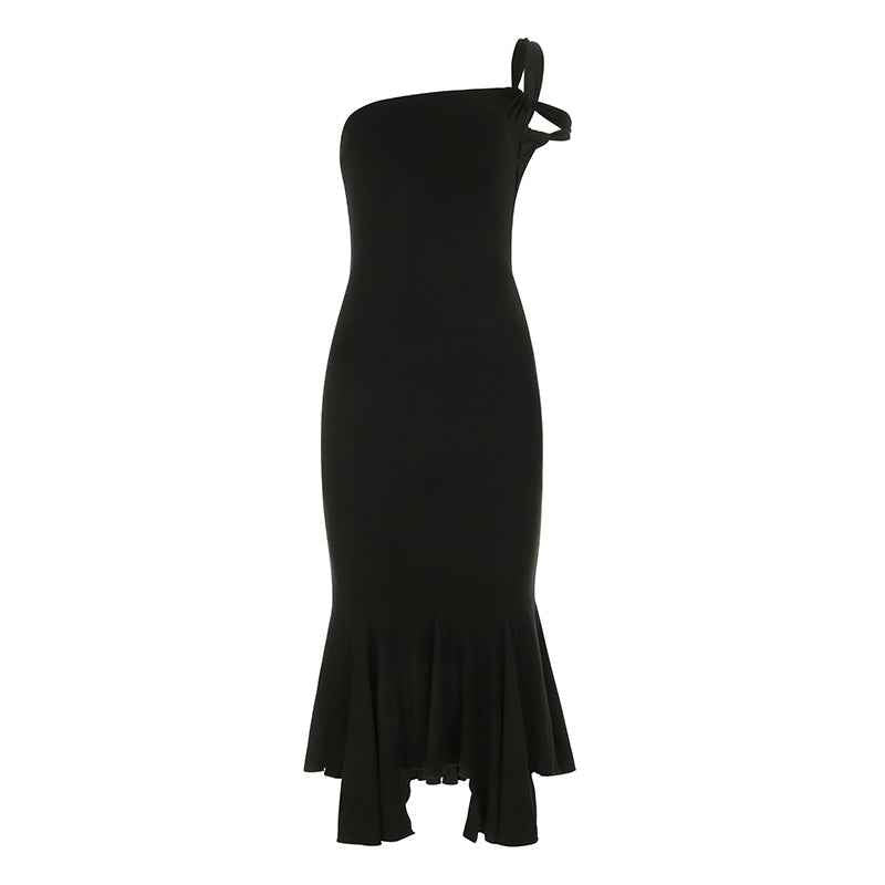 Women Sexy Ladies Dress Solid Color Basic One Shoulder Cut out Ruffled Irregular Asymmetric Tube Top Dress