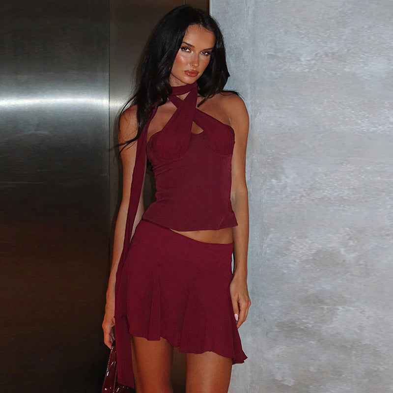 Women Clothing Summer Halter Lace up Small Tank Top Top Ultra Short Skirt Two Piece Sets