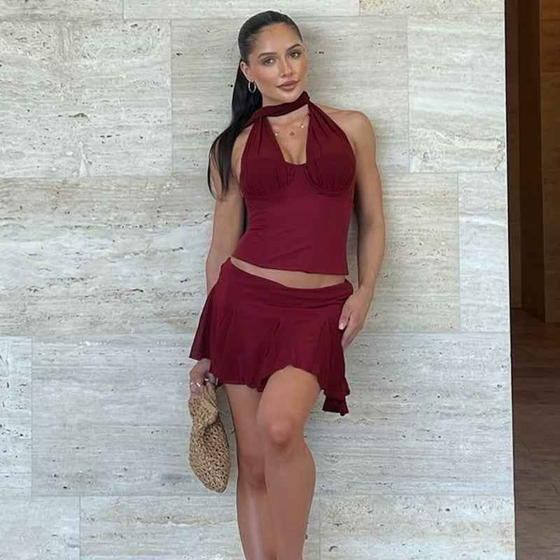 Women Clothing Summer Halter Lace up Small Tank Top Top Ultra Short Skirt Two Piece Sets