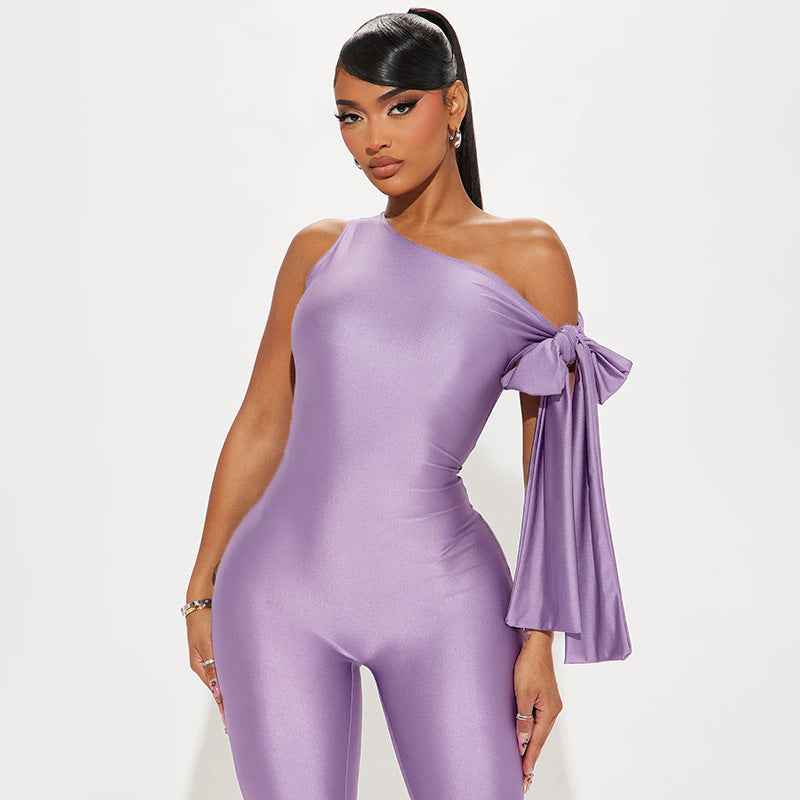 Women Clothing Summer One Shoulder Sexy Twisted Asymmetric Tight Jumpsuit