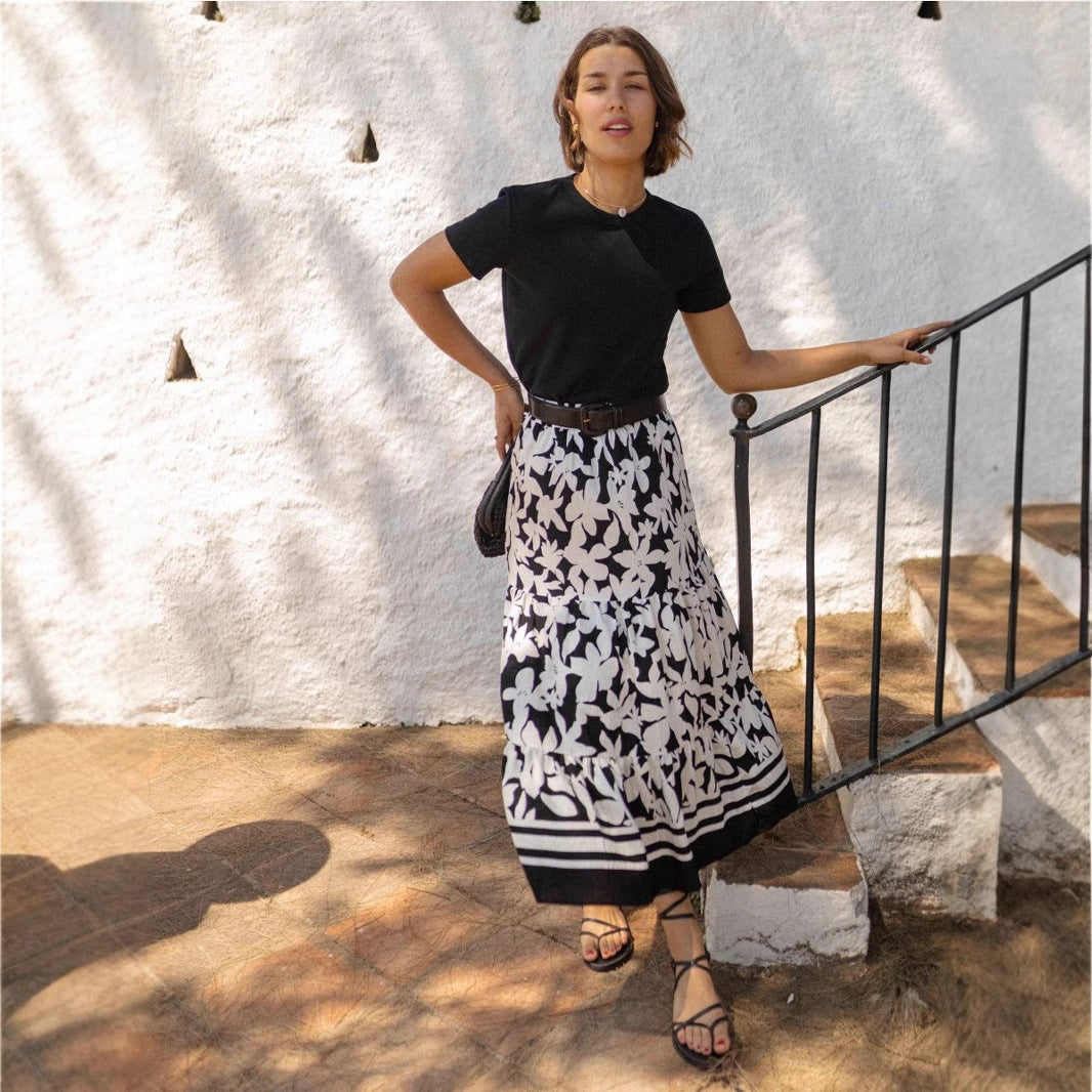 Summer Internet Celebrity Same Plant Printing Casual Vacation Big Hem Skirt - ALZO
