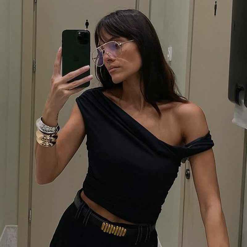 Women Clothing Summer Sexy One Shoulder Cold Shoulder Twist Design Pleated Slim T shirt
