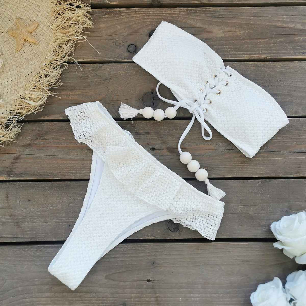 Women Tube Top High Waist with Straps Split Swimsuit Ruffled Solid Color Thread Bikini