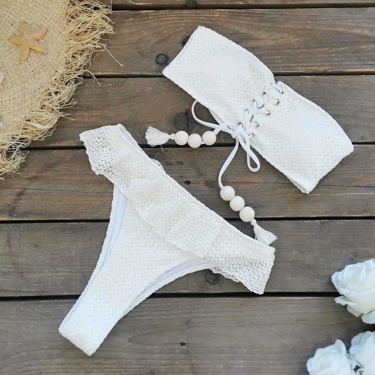Women Tube Top High Waist with Straps Split Swimsuit Ruffled Solid Color Thread Bikini