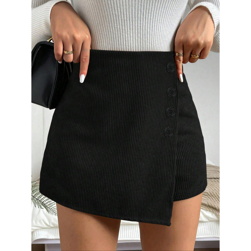 Women Solid Color Corduroy Dress Front Irregular Asymmetric Short Culottes - ALZO