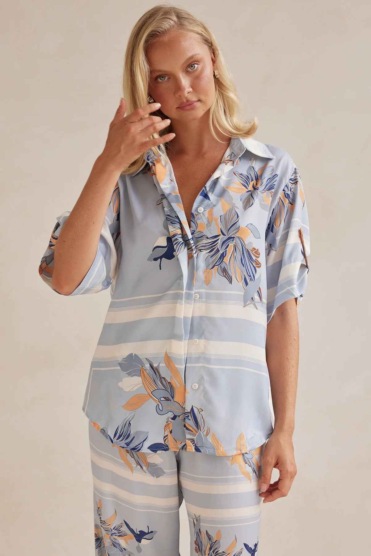 Summer Homewear Casual Printing Cardigan Shirt Trousers Set