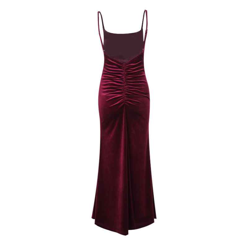 Autumn Socialite Sexy Velvet Pleated Fitted Waist Backless Sling Dress