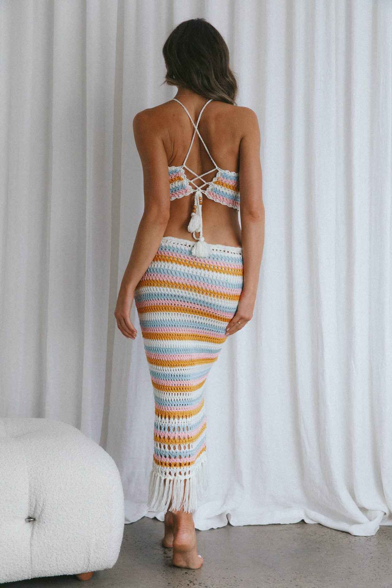 Women Clothing Summer Stripes Short Cropped Strap Vest Sexy Sheath Tassel Skirt Knitting Set