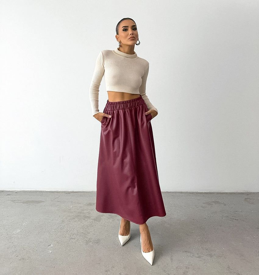 Wine Red Fleece lined Artificial Leather a Swing High Waist Skirt Autumn Winter Leather Skirt - ALZO