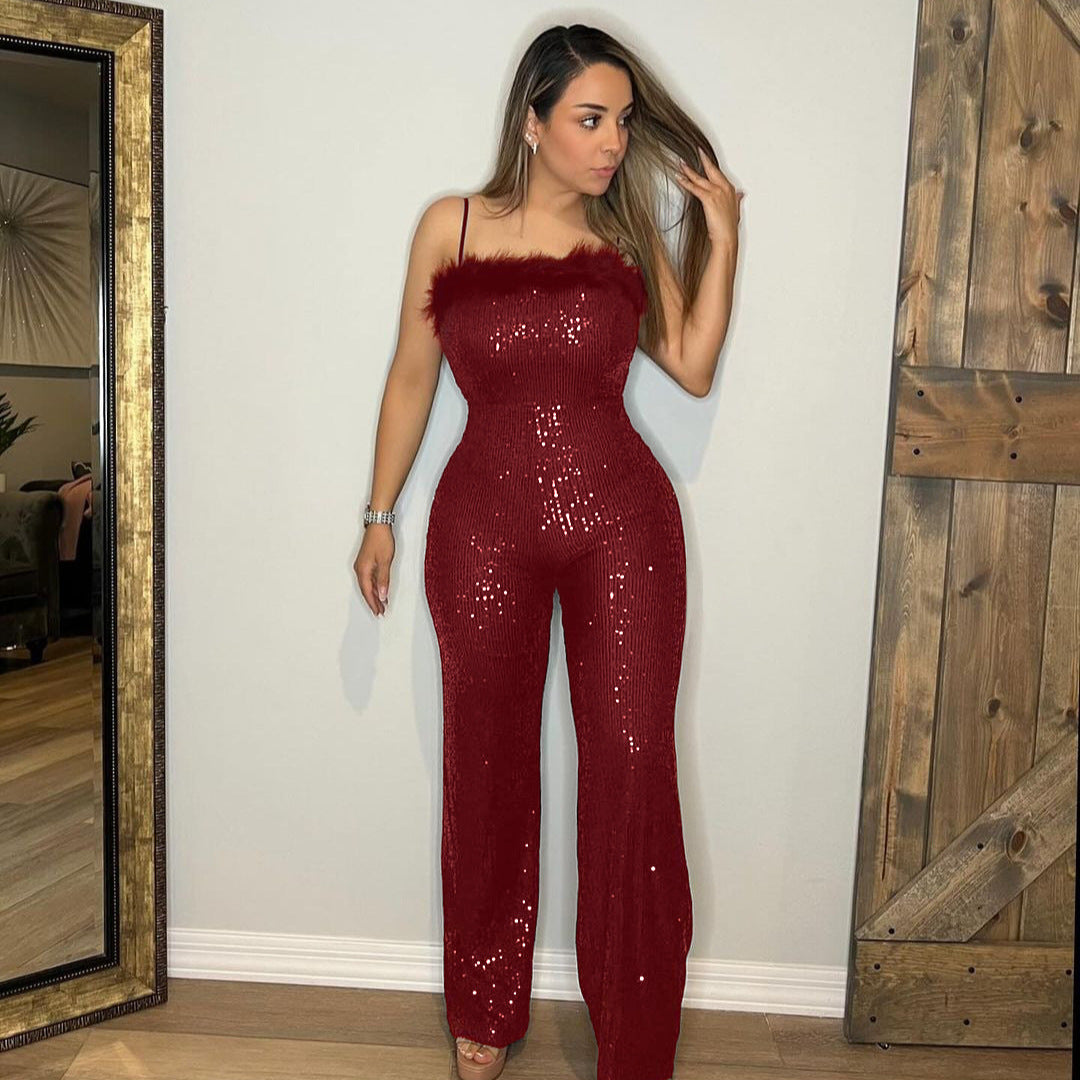 Sexy Sling Wool Tops Stitching Sequined Jumpsuit Women Clothing - ALZO