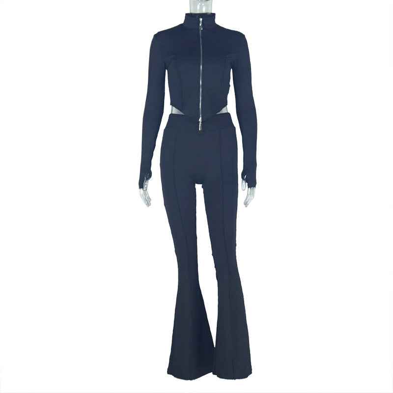 Women Slim Fit Pleated Zipper Solid Color Cropped Blouse Pants Long Sleeve Stand Collar Loose Trousers Two Piece Set