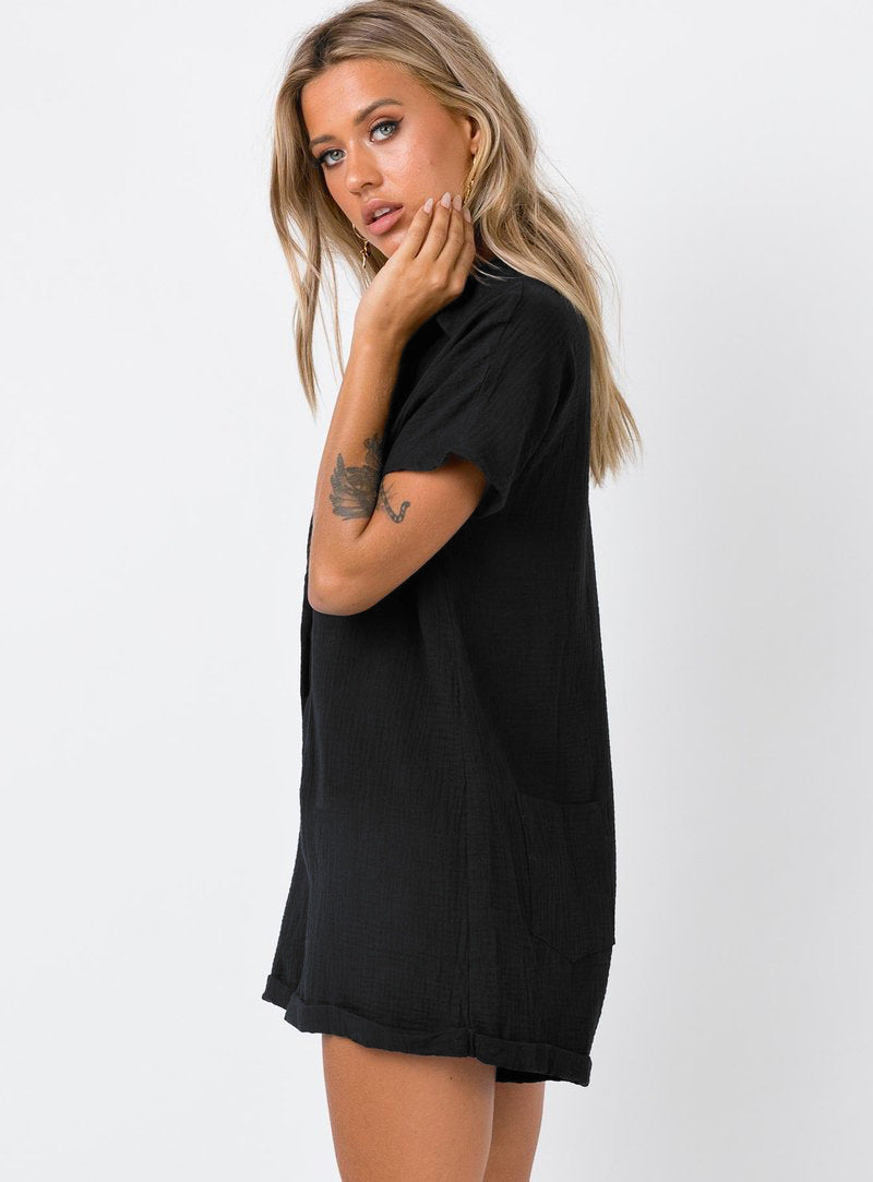 Cotton Linen Breathable Comfortable Loose Button Deep V-neck Sexy Casual Women Romper Romper - ALZO