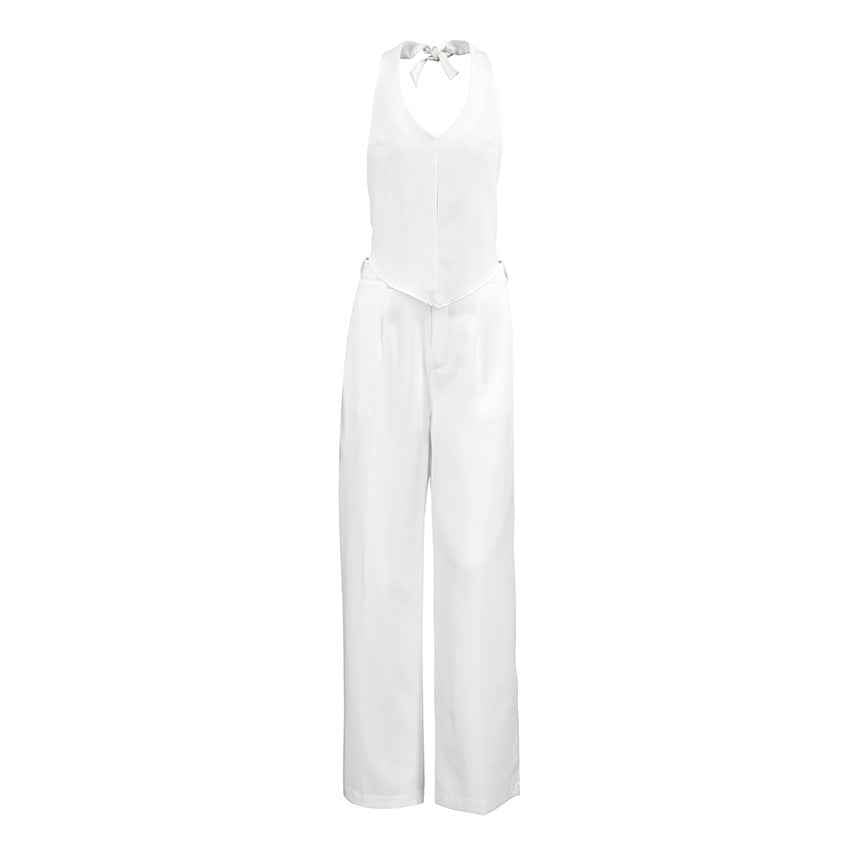 French Office Sleeveless Halter Trousers Casual Suit Summer Women Two Piece Set