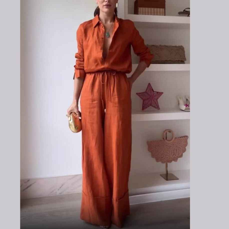 Solid Color Shirt Pocket Trousers Casual Lace up Two Piece Sets Women