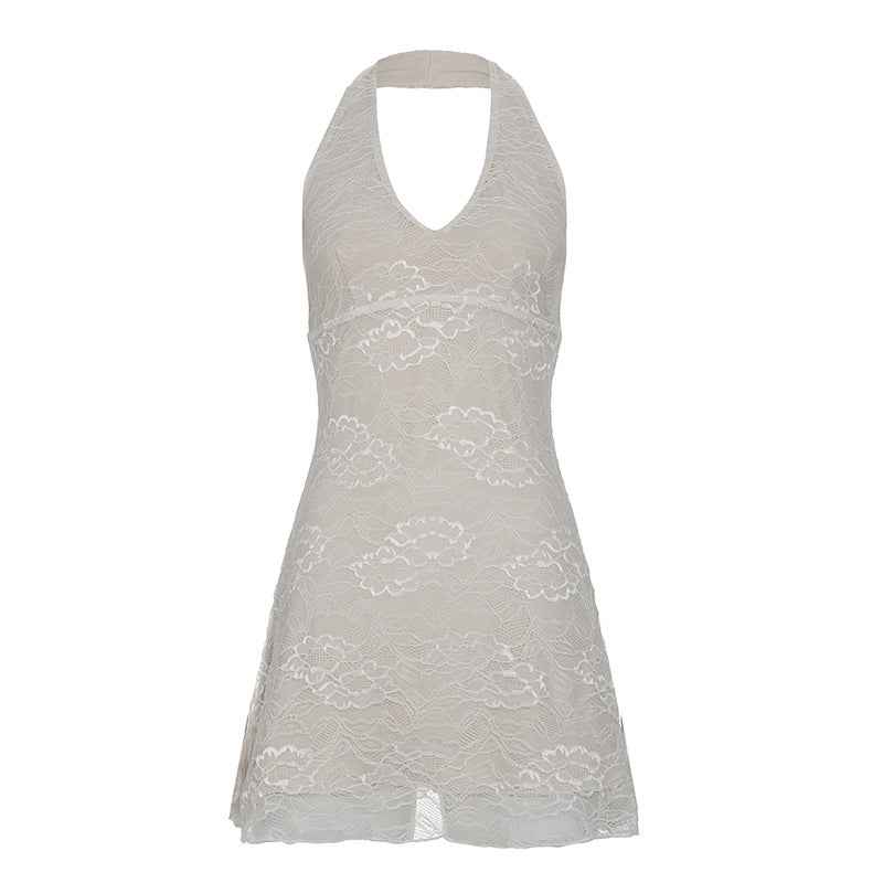 Women Sexy Lace Stitching V neck Low Cut Bottoming Dress Sleeveless Double Layer Waist A line Dress