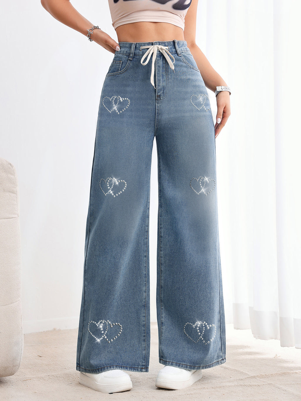 Popular Beaded Metal Washed High Waist Slimming Straight Denim Trousers Jeans - ALZO