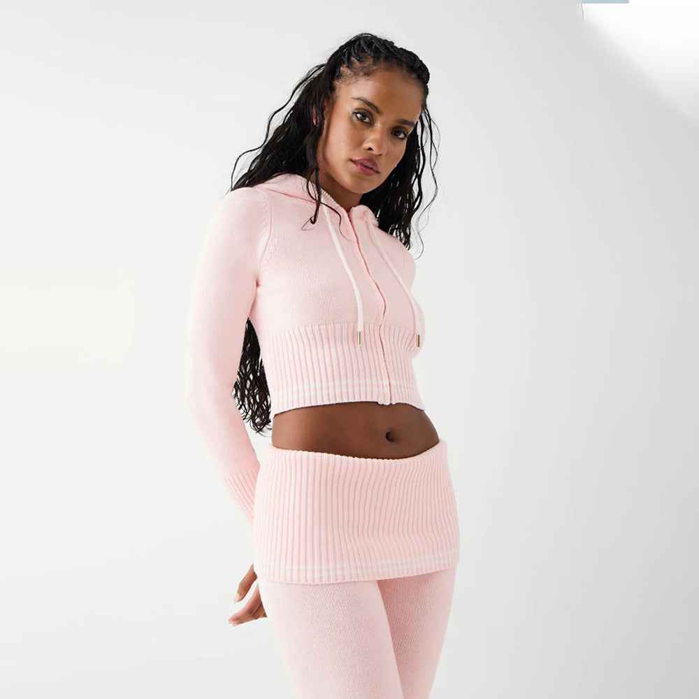 Fall Winter Knitted Two-Piece Sexy Bare Cropped Slim Fit Hoodie Bootcut Pants