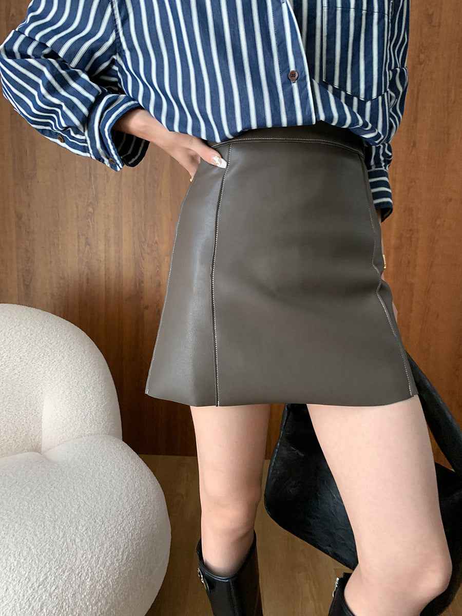 Women Retro Design Slimming Faux Leather A line Skirt Autumn Winter