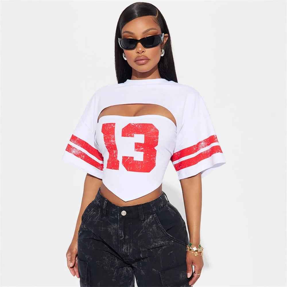 Autumn Sports Tube Top Casual Loose Printed Short Sleeve T-Shirt for Women