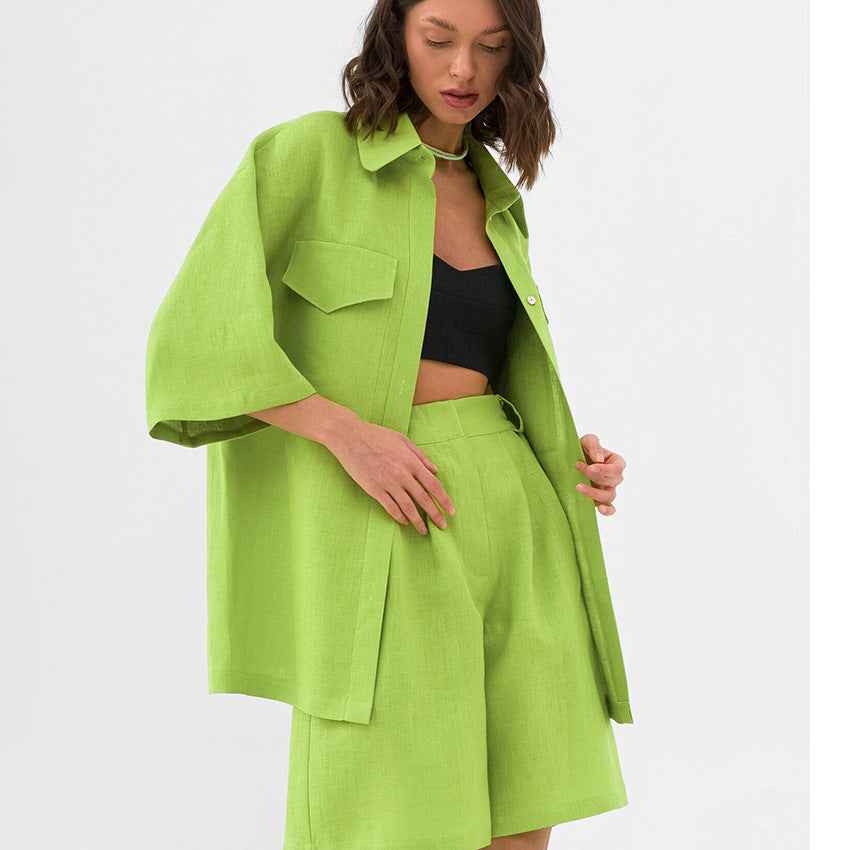 Solid Color All Match Office Collared Drop Shoulder Twet Outfit Summer Straight Shorts Set