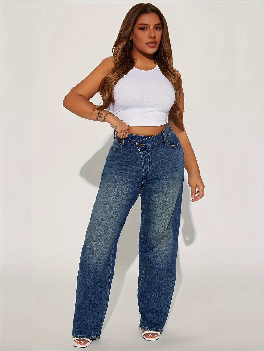 Women Clothing Oblique High Waist Pencil Pants Crossover Straight Leg Stretch Denim Straight - ALZO