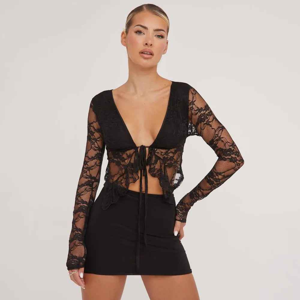 Spring Women Wear Top Lace V neck Tied Lotus Leaf Sexy Lace Shirt
