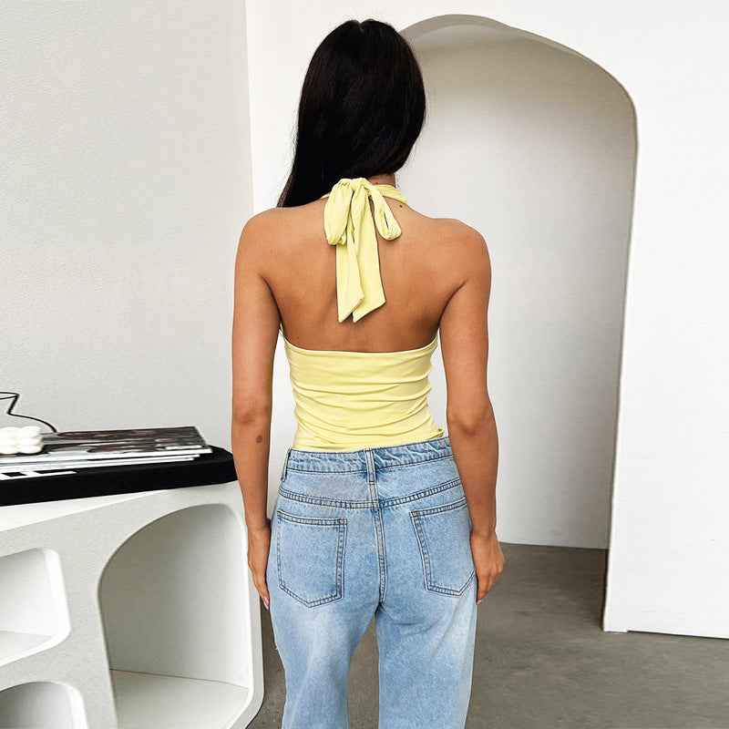 Collar Solid Color Slimming Halter Lace up Camisole Women Sexy Top