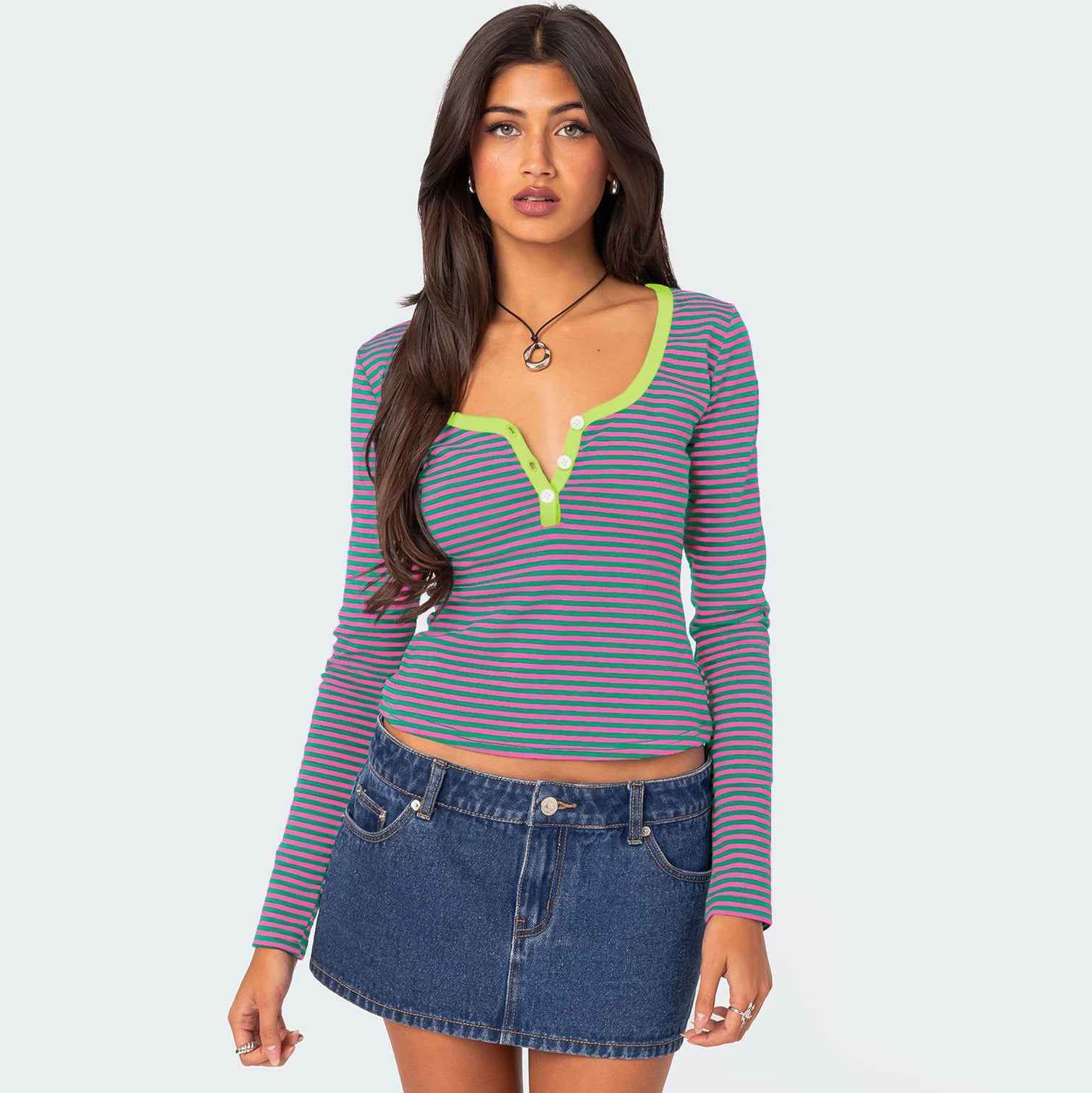 Contrast Color Striped Sweater Clothes Women Top Button Slim Fit Shoulder T shirt Pure Cotton