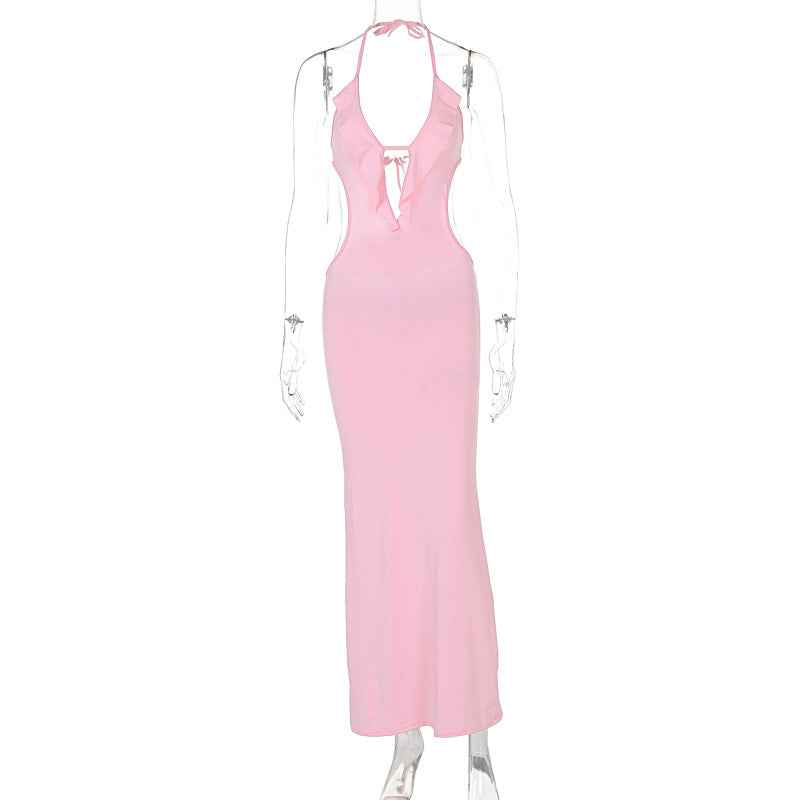 Women Clothing Summer Sexy Close Fitting Slim Fitting Solid Color Halter Sling Dress