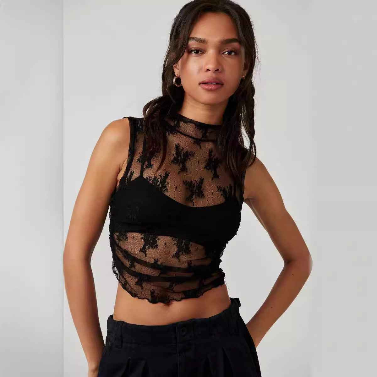 Summer Sexy Design Lace Women Inner Top Fashionable See Through Mesh Vest Women