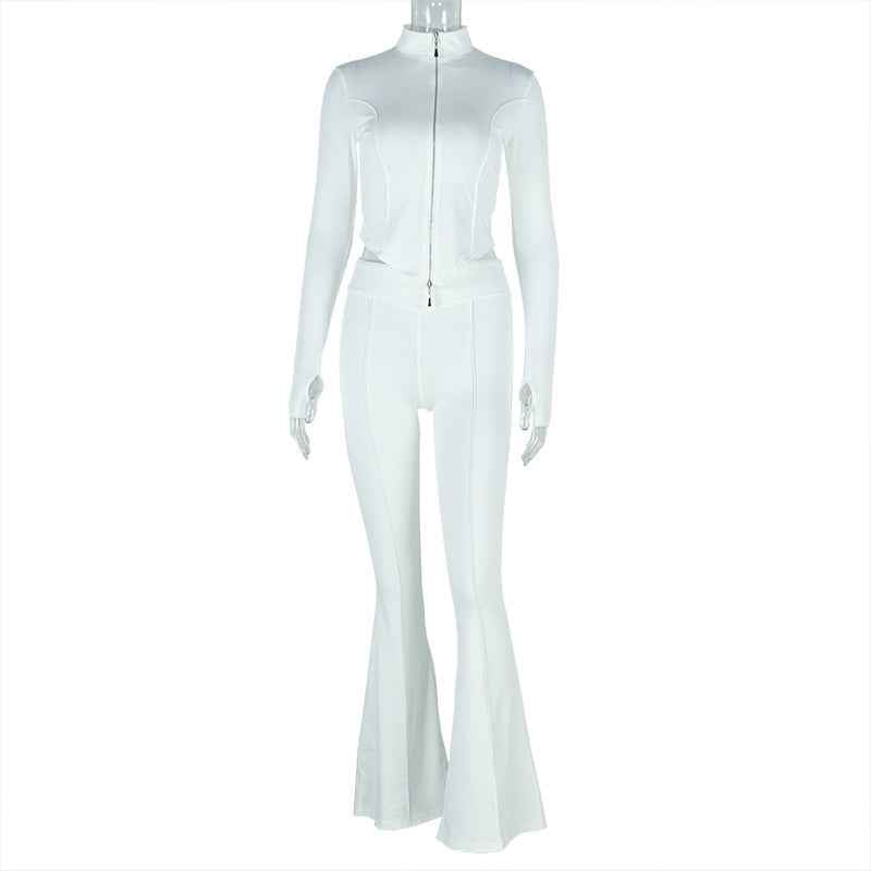 Women Slim Fit Pleated Zipper Solid Color Cropped Blouse Pants Long Sleeve Stand Collar Loose Trousers Two Piece Set