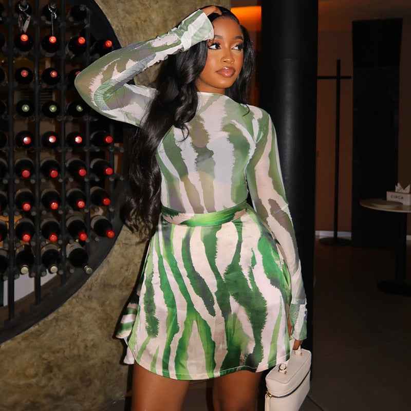 Micro Transparent High Collar Skirt Set Printed Loose Waist Wrap Two Piece Set Fresh Trendy Women Clothing