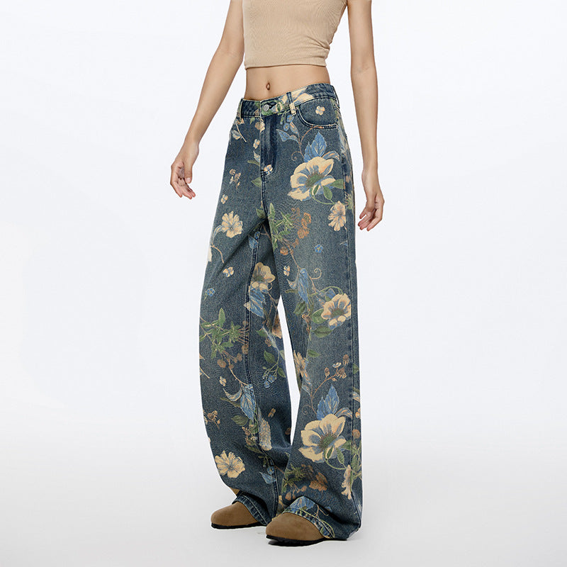 Women Same High Street Floral Wide Leg Jeans Printed Loose Fitting Nine One Mouth Two Leg Mop Pants - ALZO