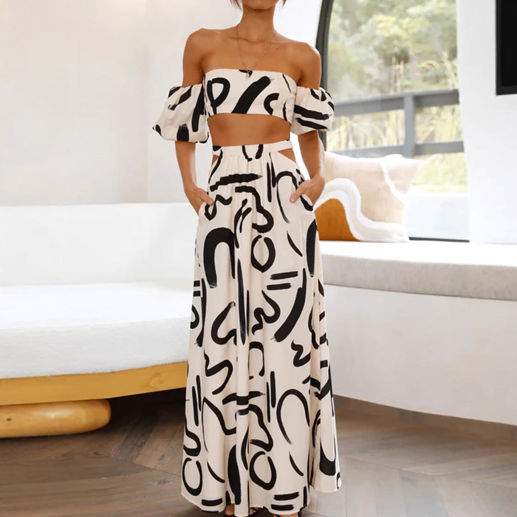 Women Summer Puff Sleeve Top Hollow Out Cutout out Large Swing Dress Split Skirt Set - ALZO
