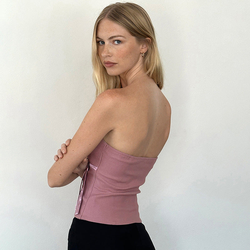 Girly Solid Color Bow Sleeveless Tube Top Women Bottoming Spring - ALZO