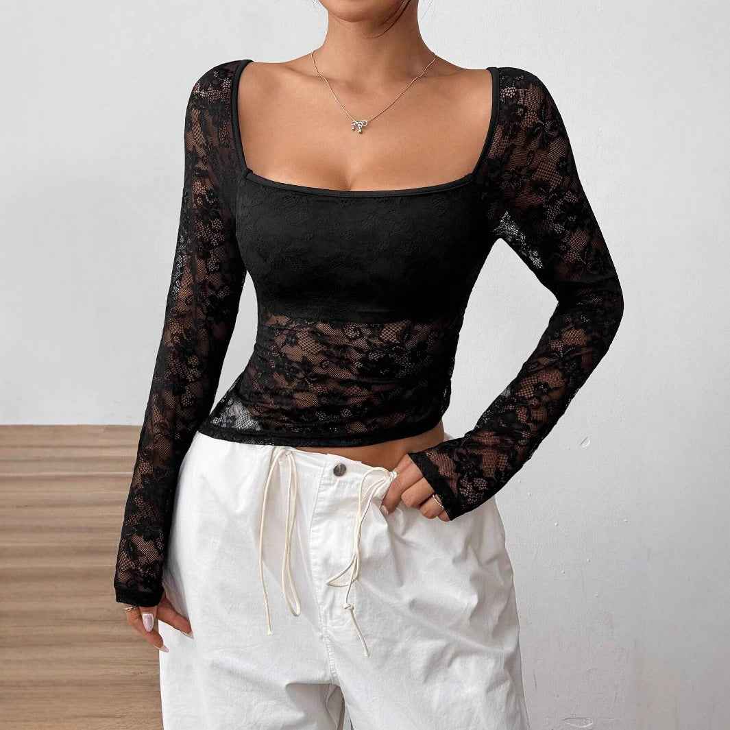 Elegant Women Lace U Collar Asymmetric Hem Design Long Sleeve T Shirt Top Women