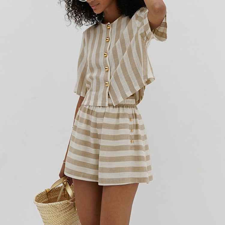 Women Clothing Short Sleeve Striped Shirt Shorts Suit Loose Breathable Two Piece Set