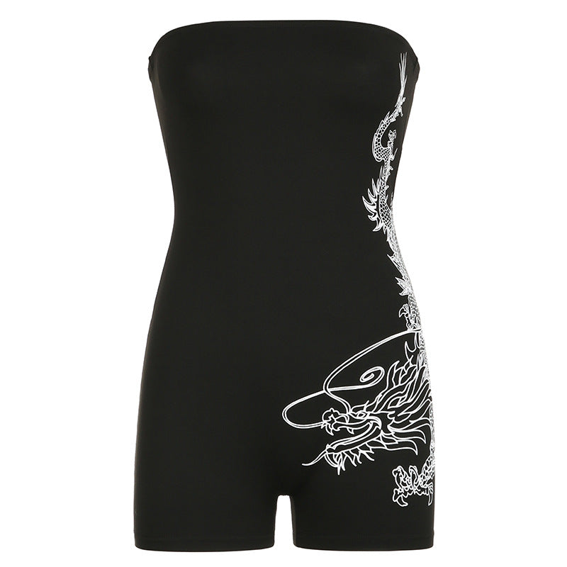 Dragon Print Tube Top Jumpsuit Skinny Sheath Sleeveless Chest Wrapped Sports Shorts - ALZO