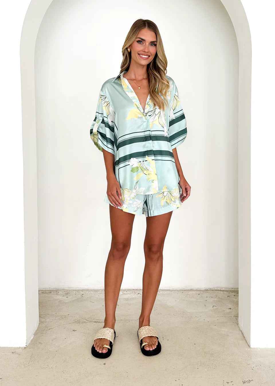 Summer Ladies Homewear Casual Printing Cardigan Shirt Shorts Two Piece Sets