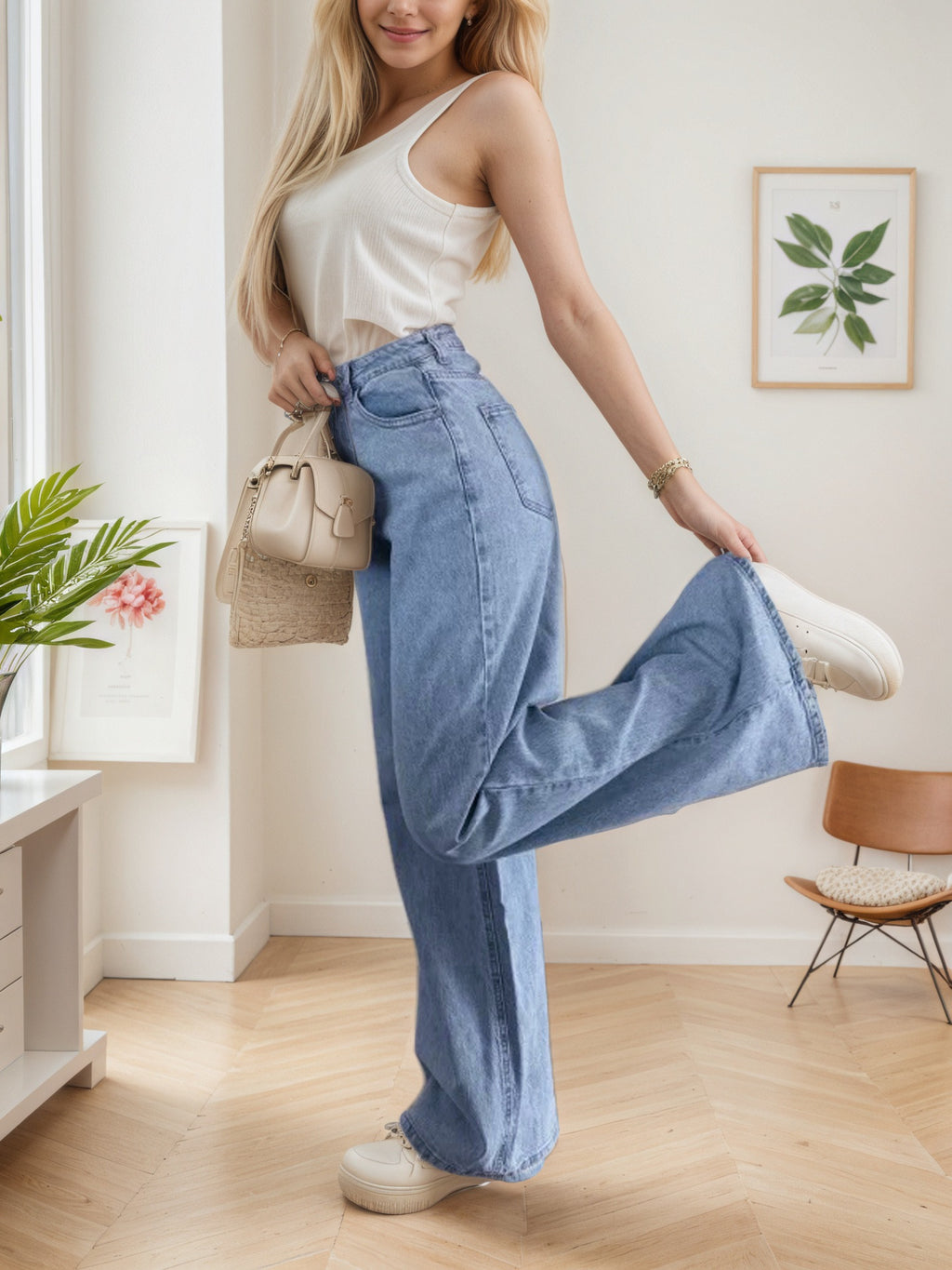 Nostalgic Light Color Stretch High Waist Loose Retro Wide Leg Denim Trousers - ALZO