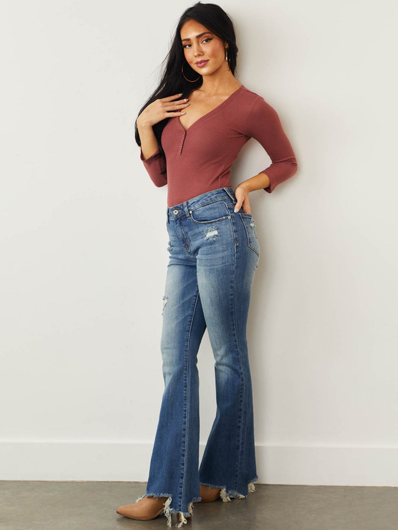 Mid Waist Slim Fit Stretch Holes Bell Bottom Pants Women Jeans - ALZO