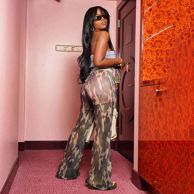 Women Clothing Mesh Large Pocket Camouflage Cargo Pants Elastic Waistband Lace up Double Layer Straight Casual Trousers