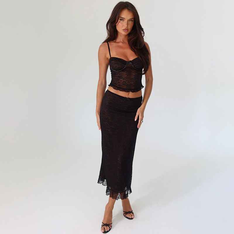 Spring Women Clothing Sexy V neck Backless Lace Camisole Sheath Skirt Set
