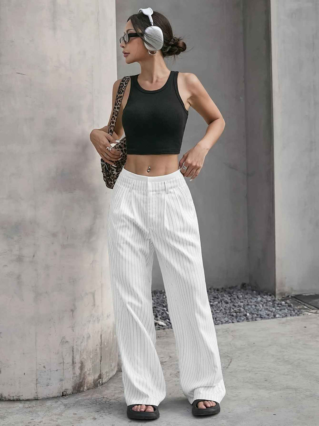 Autumn Winter Casual High Waist Stitching Work Pant Simple Loose Drooping Straight Leg Pants