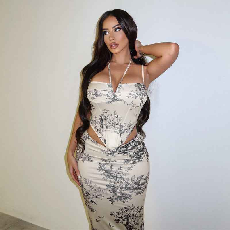 Women Summer Retro Printed Skirt Two-Piece Set Casual Set Women Corset
