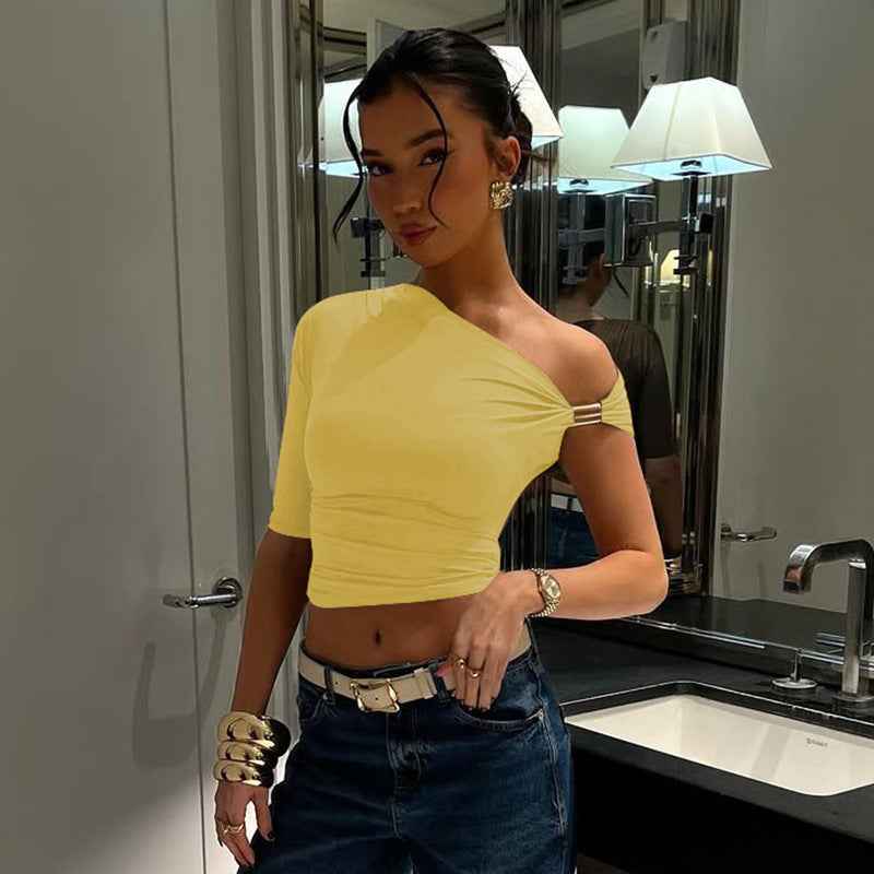 Women Clothing Solid Color Single Sleeve off the Shoulder Asymmetric Pleated Crop Top Tight Fitting T shirt Top