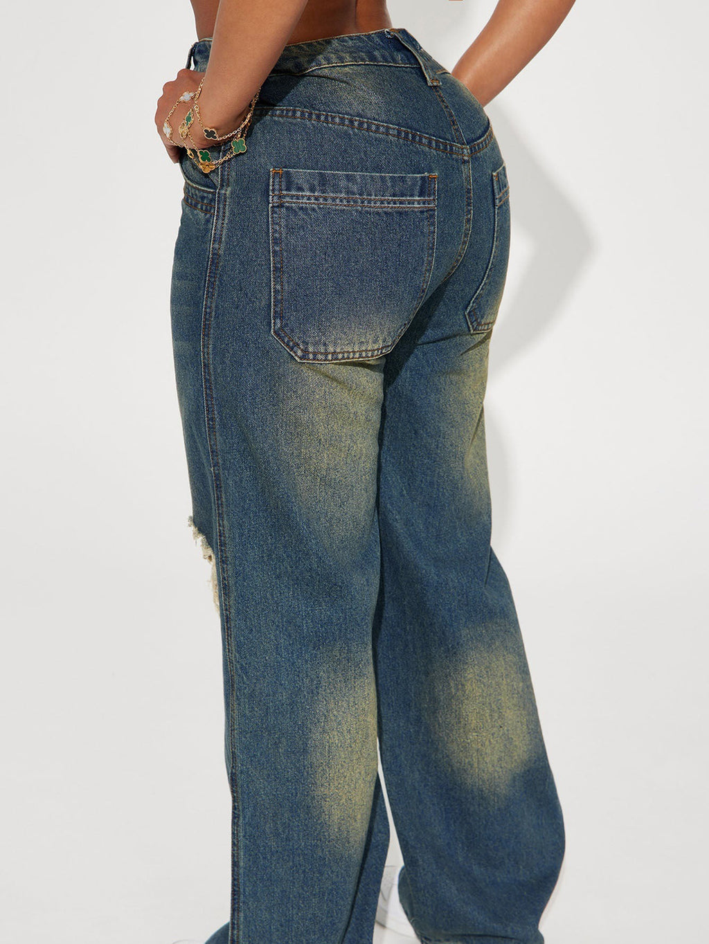 Women Retro Heavy Duty Washed Knee Ripped Wide Leg Denim Trousers - ALZO