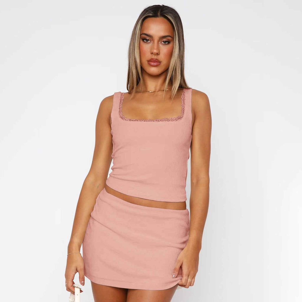 Summer Women Clothing Lace Lace Spaghetti Strap Square Collar Sexy Top Solid Color Sexy Vest