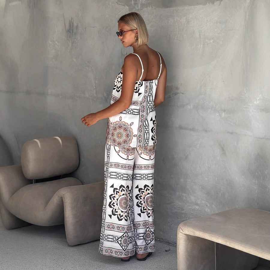 Summer Positioning Printing Loose Casual Sling Top Wide Leg Straight Pants Set
